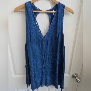 Vintage Free People Navy Embroidered Dress /Tunic Top | Boho Open Back